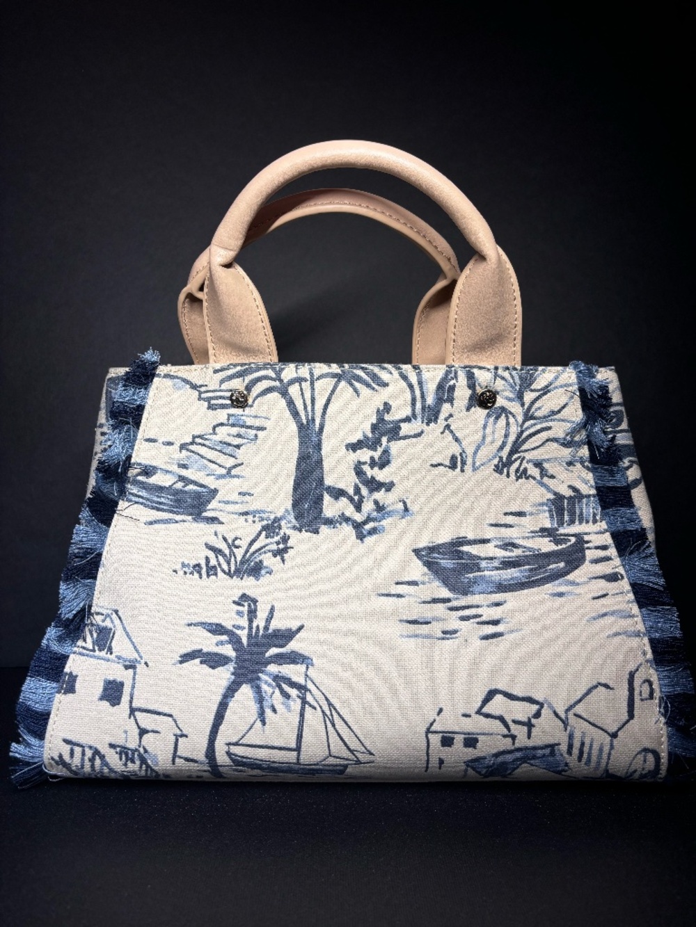 Spartina 449 Nautical Toile de Jouy Fringe Carry Crossbody Navy Canvas Leather